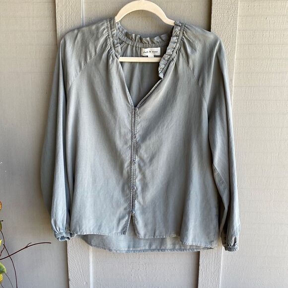 NWT Anthro Cloth & Stone Raglan Ruffle Neck Blouse in Blue/Green Size: M - Picture 9 of 16